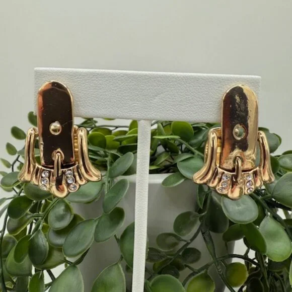 Anthropologie Gold Tone Buckle Earrings with Rhinestone Accents - Picture 3 of 4